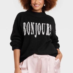 A New Day Black Cashmere-Like “Bonjour!” Sweater Size 1X
